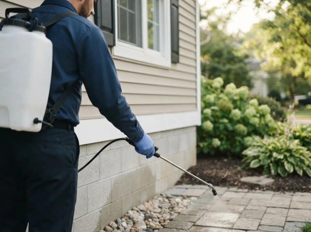 Pest control technician inspecting a home in Jennings, OK